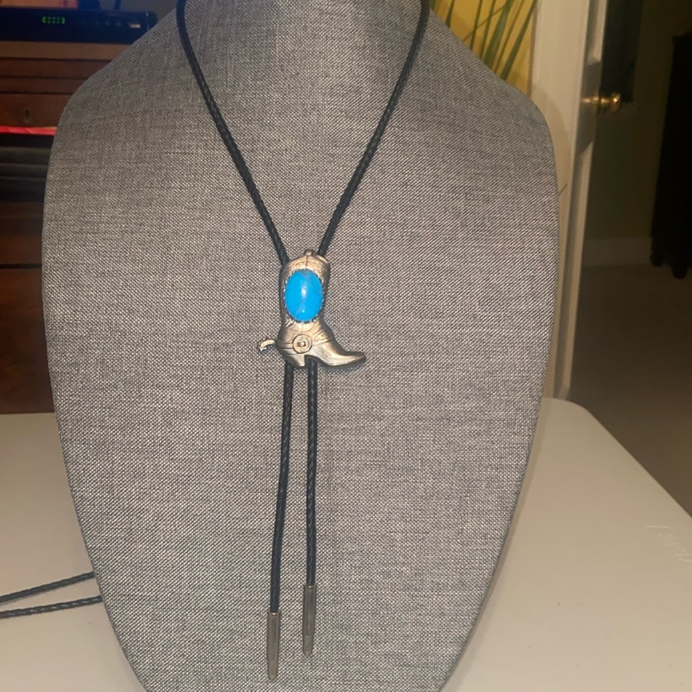 Vintage Silver Western Boot with Turquoise Stone on a Black Leather Bolo Tie